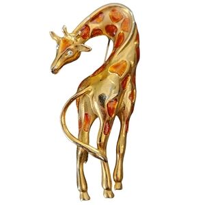 Vintage Gold Toned Enamel Giraffe Brooch Pin with Rhinstone Eyes